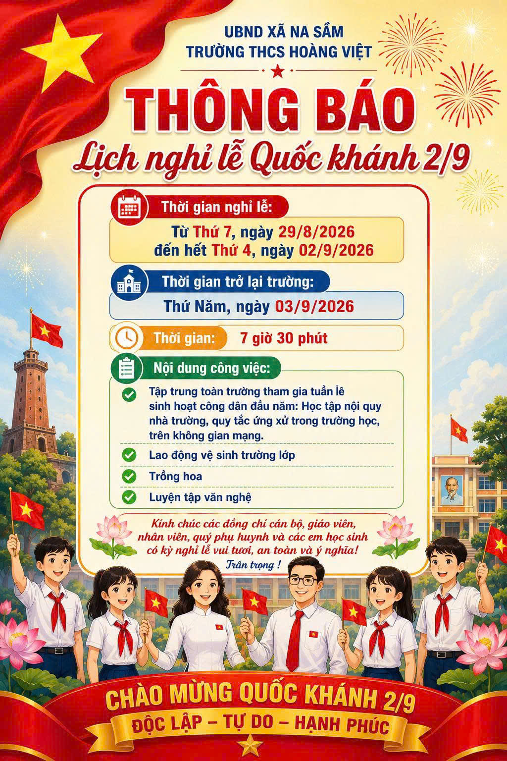 THÔNG BÁO LỊCH NGHỈ LỄ QUỐC KHÁNH 2/9 NĂM 2026
